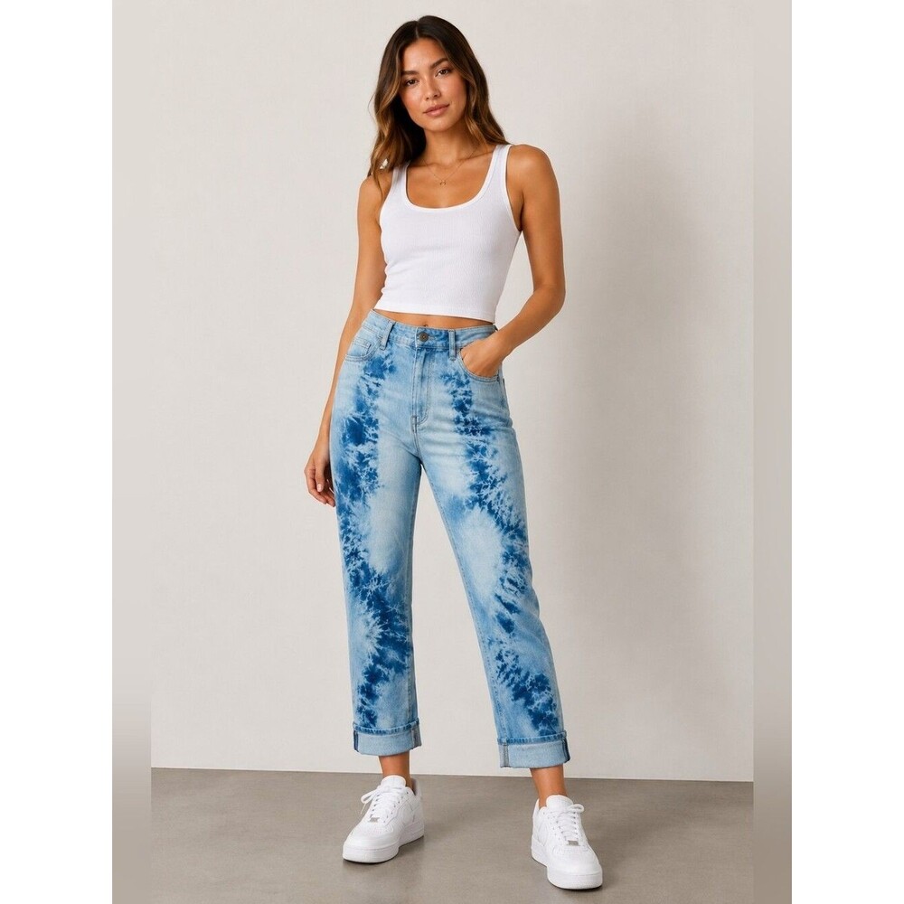 J. Jill High-Rise Cropped Tie-Dye Jeans Island Wash Blue Stretch Sz 10P Straight